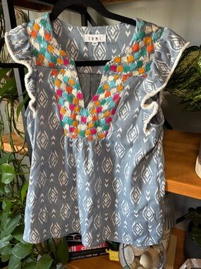 THML Blue Embroidered V-Neck Flutter Sleeve Top | XS